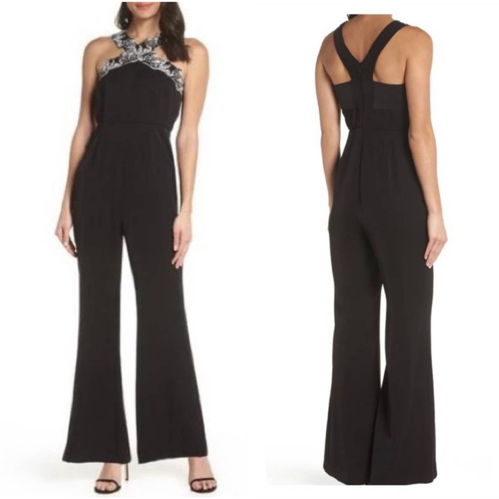 NWT Foxiedox Black Jumpsuit Flare Leg Halter Neck White Crochet Lace Size Large